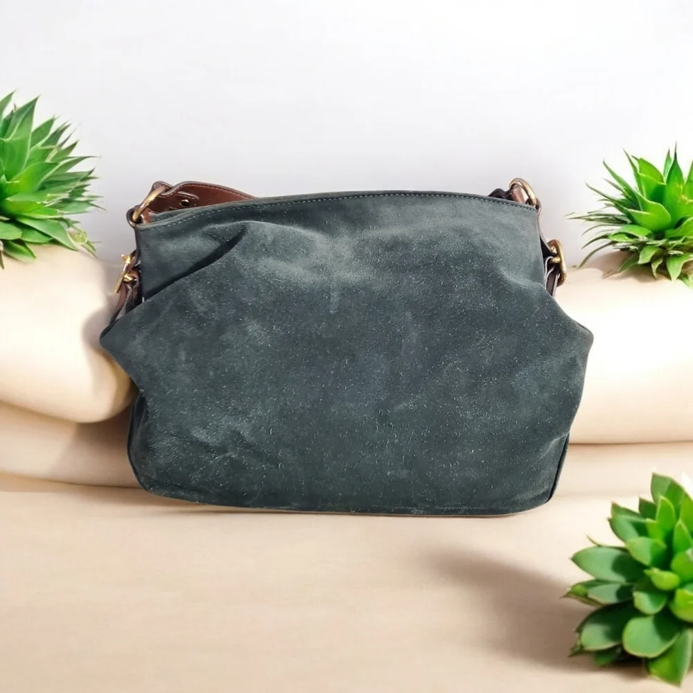 Michael Kors Dark‎ Green Black Suede And Leather Hobo Shoulder Bag